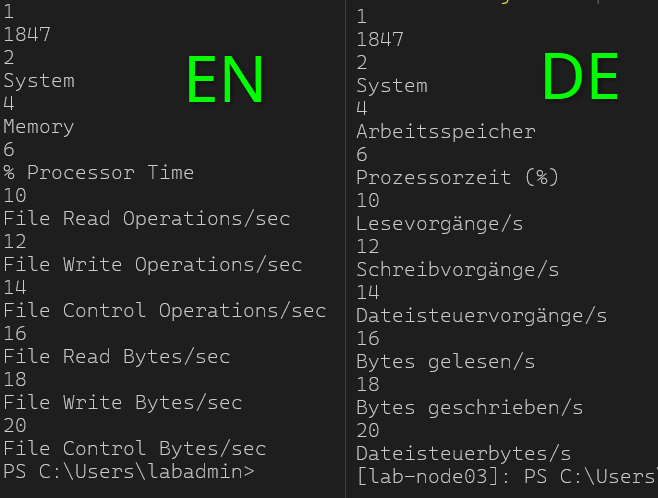Side-by-side terminal screenshots showing performance metrics in English (left) and German (right). Left window lists System, Memory, % Processor Time, File Read/Write Operations/sec, File Control Operations/sec, File Read Bytes/sec, File Write Bytes/sec, and a path; right window shows equivalent German terms like Arbeitsspeicher, Prozessorzeit, Lesevorgänge/s, Schreibvorgänge/s, Dateisteuerungen/s, Bytes gelesen/s, Bytes geschrieben/s, etc.